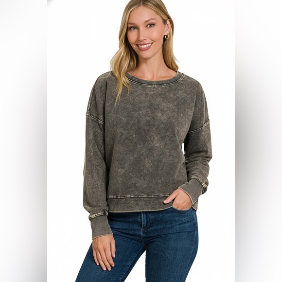 Zenana French Terry Acid Wash Boat Neck Sweatshirt - Picture 3 of 4